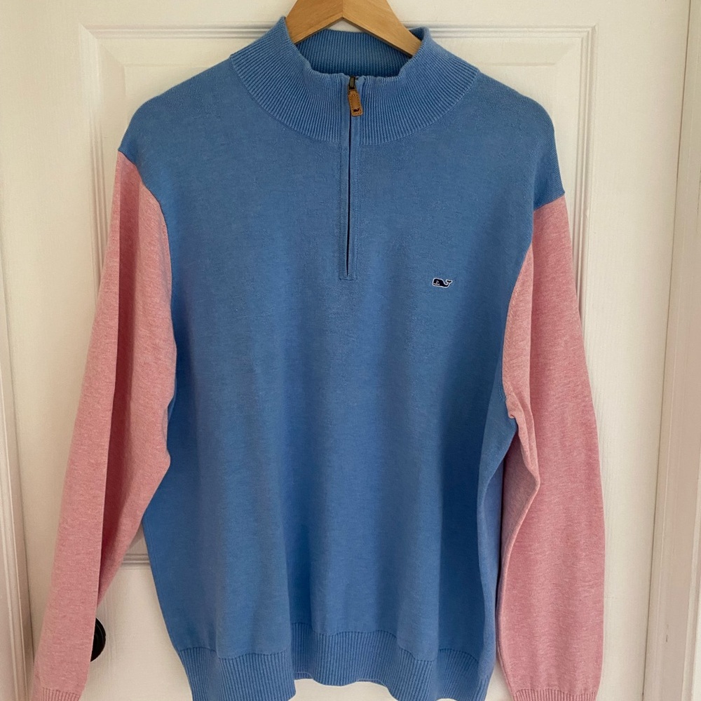 Vineyard Vines Blue Body Pink Sleeve Zip-Up Sweater
